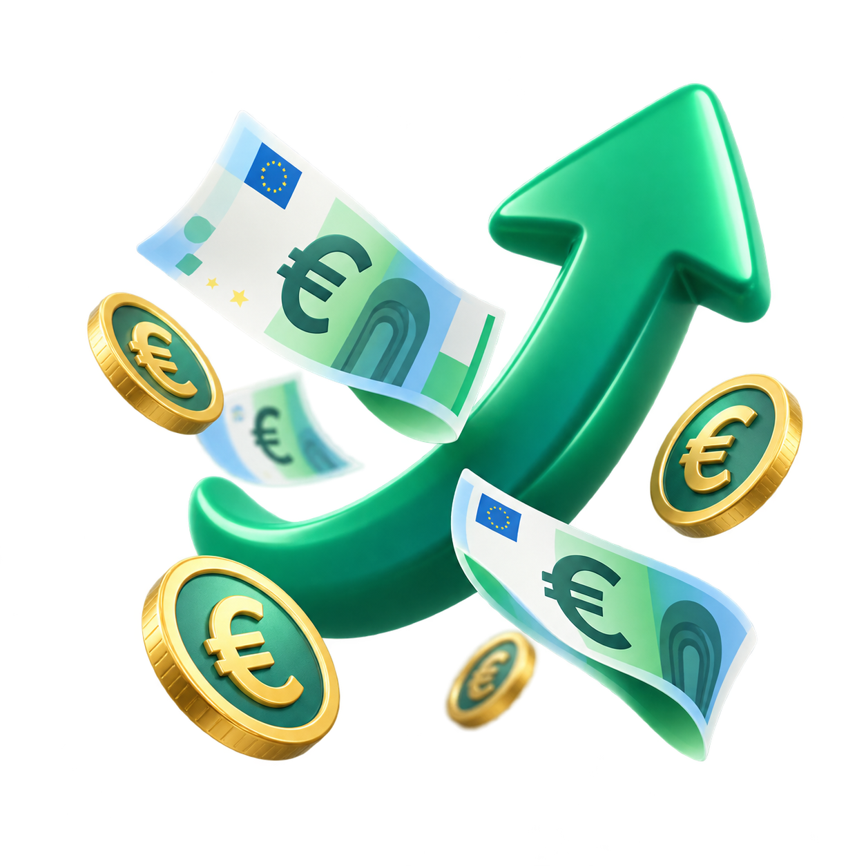Freccia verde in crescita con banconote e monete in euro